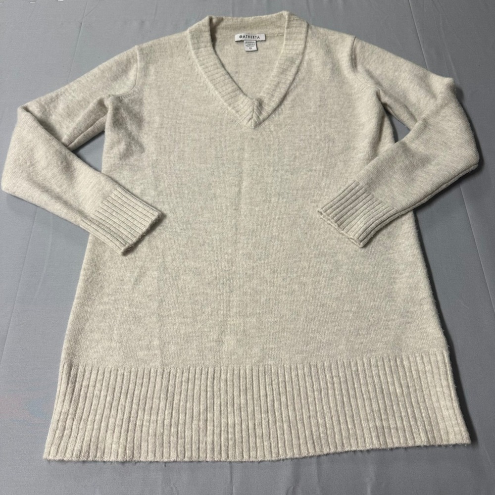 Athleta Womens Merino Wool Blend V-Neck Tunic Sweater Oatmeal Heather XS